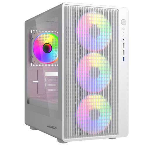 GABINETE MESH SENTEY BACKFIRE WHITE M-ATX / ITX, MESH FRONTAL, VIDRIO TEMPLADO LATERAL+ 4 COOLERS A-RGB 120MM USB 3.0 FILTRO ANTI POLVO